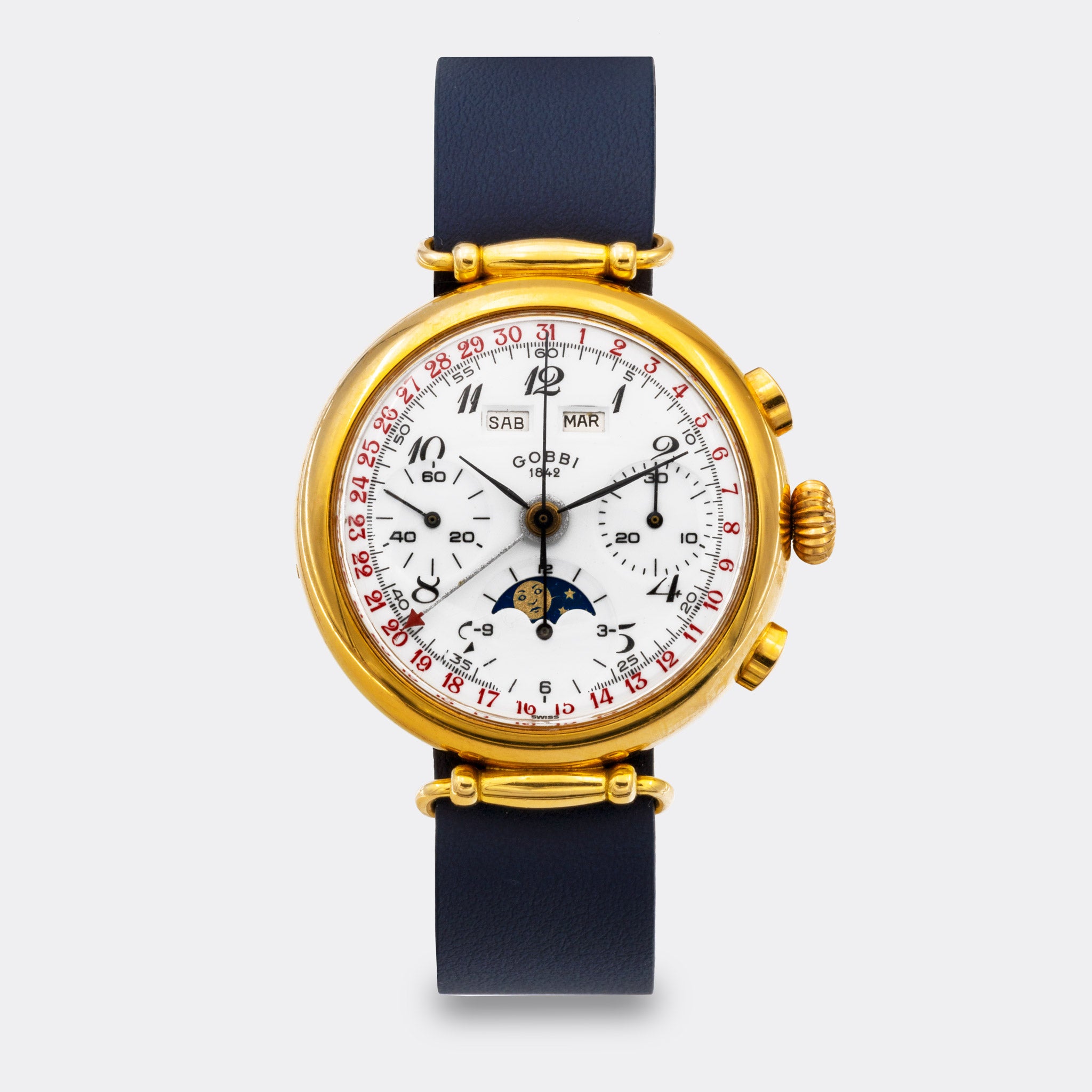 GOBBI 1842 MILANO | MISANI MILANO | One-of-a-Kind | Chronograph | Full-Calender & Padellone Moonphase | Handmade 18K Solid Gold | Highly Collectible | White Enamel Multicolor Dial | Valjoux 730 | 1960s