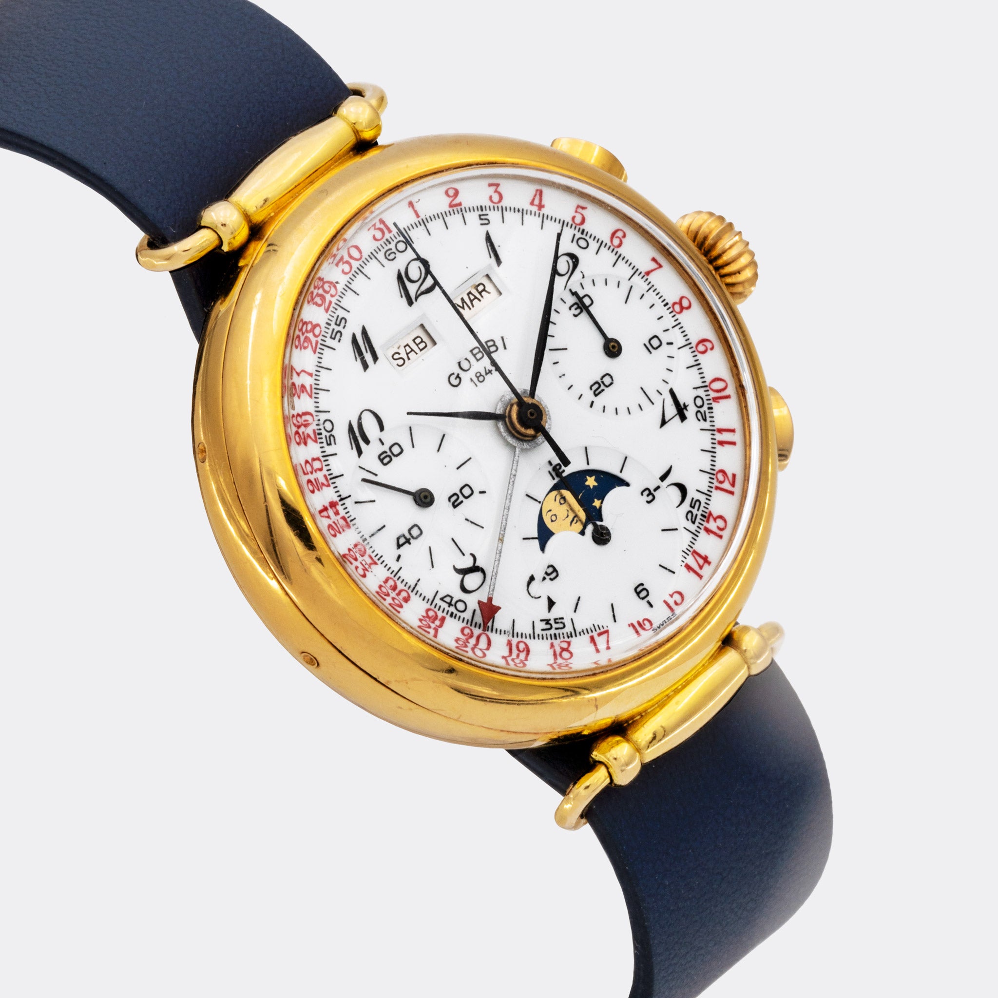 GOBBI 1842 MILANO | MISANI MILANO | One-of-a-Kind | Chronograph | Full-Calender & Padellone Moonphase | Handmade 18K Solid Gold | Highly Collectible | White Enamel Multicolor Dial | Valjoux 730 | 1960s