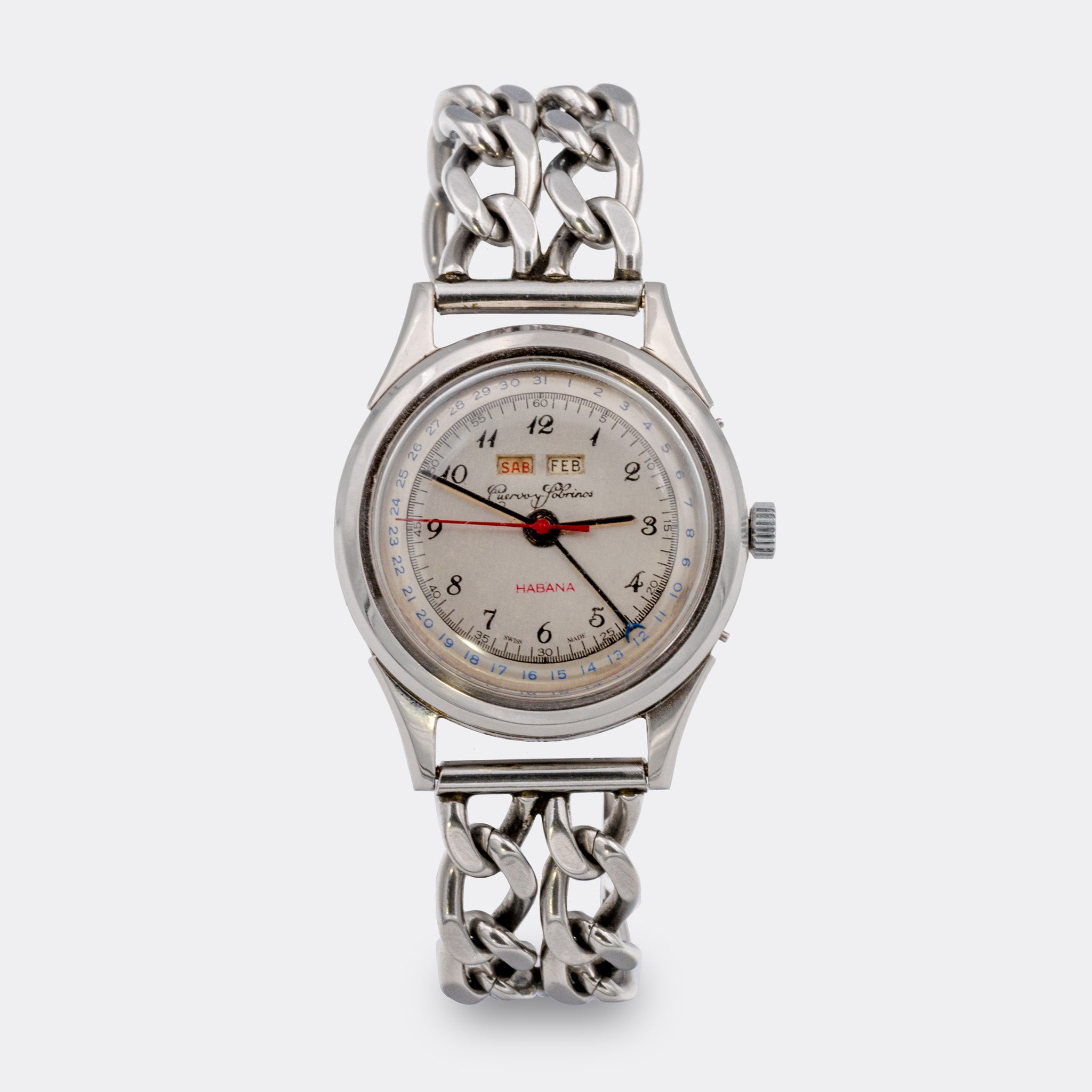 CUERVO Y SOBRINOS | Habana | Jumbo Triple Date | Full Calendar | Cuban Link Chain | Red Date & Red Seconds | Multicolor Dial | 1940s