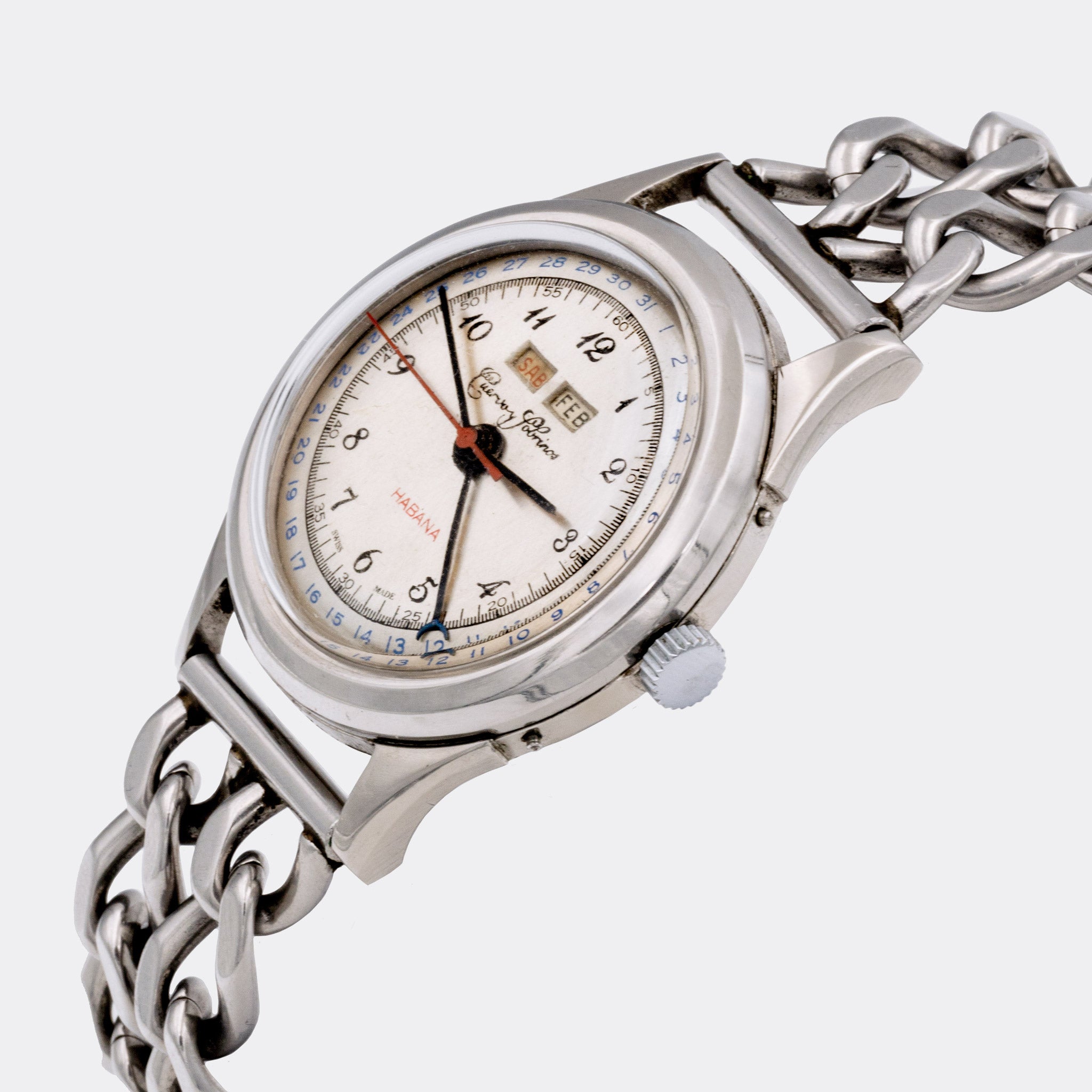 CUERVO Y SOBRINOS | Habana | Jumbo Triple Date | Full Calendar | Cuban Link Chain | Red Date & Red Seconds | Multicolor Dial | 1940s