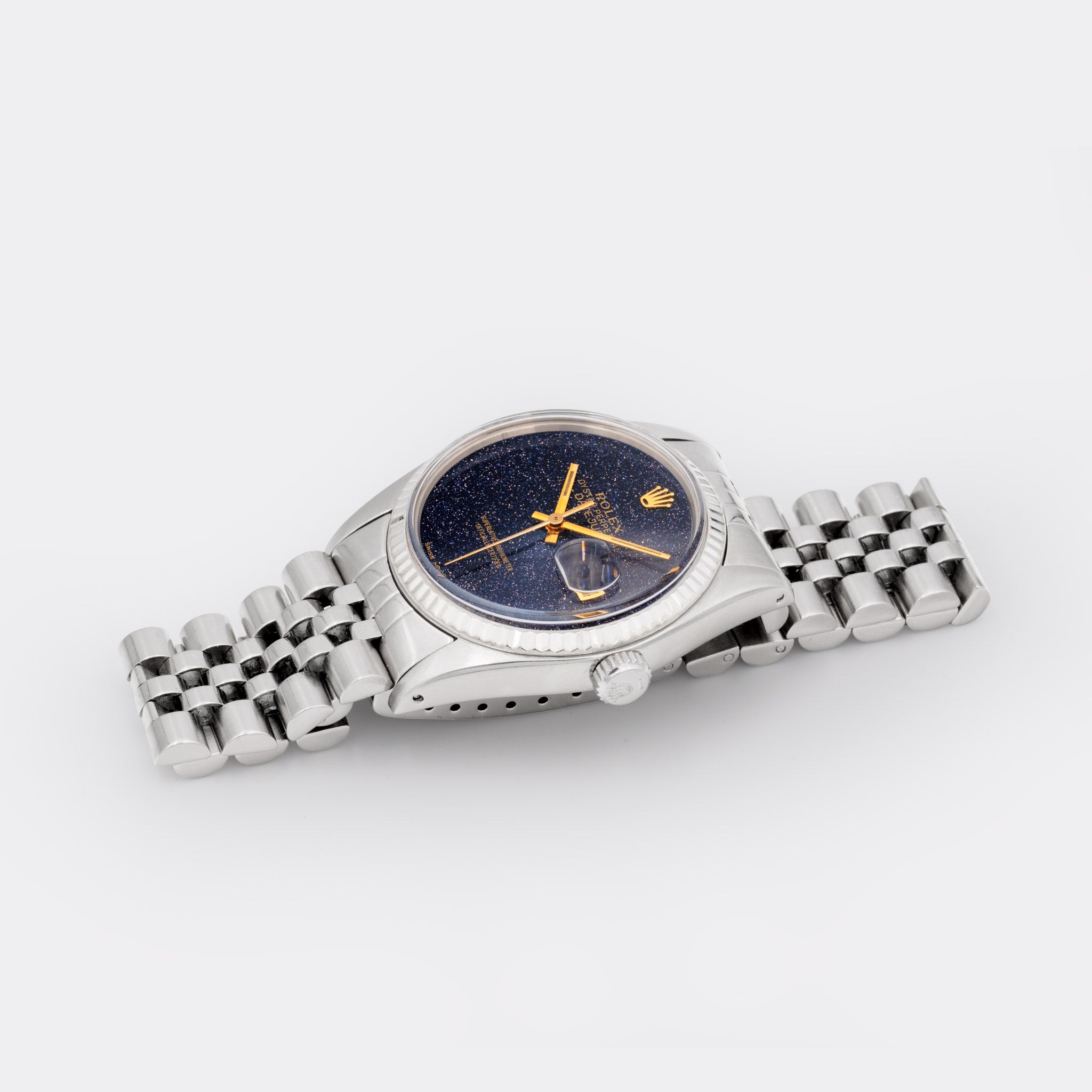 ROLEX | One-of-a-Kind | Crown Collection Datejust Galaxy "Stardust" | SCOC Superlative Chronometer | 18K White Gold | Roulette Date | Gilt Dial | 1970s