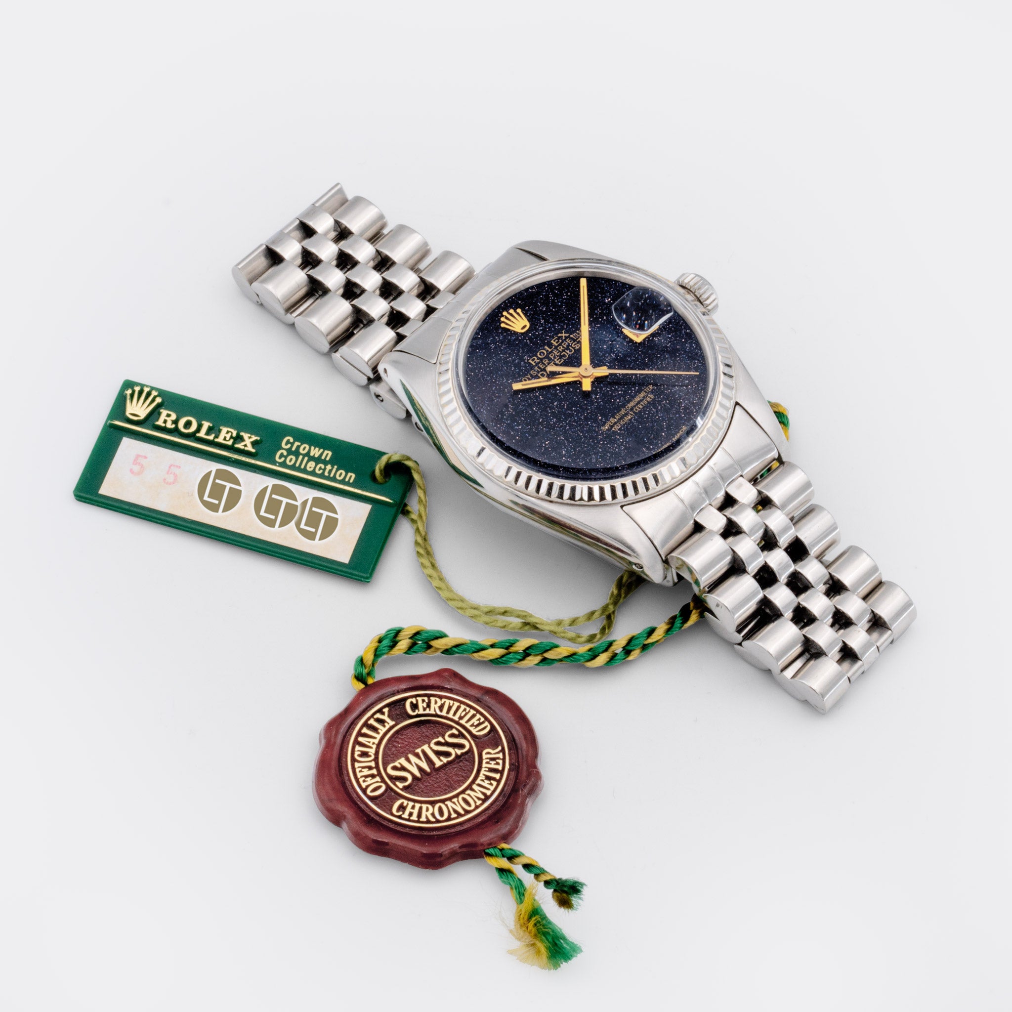 ROLEX | One-of-a-Kind | Crown Collection Datejust Galaxy "Stardust" | SCOC Superlative Chronometer | 18K White Gold | Roulette Date | Gilt Dial | 1970s