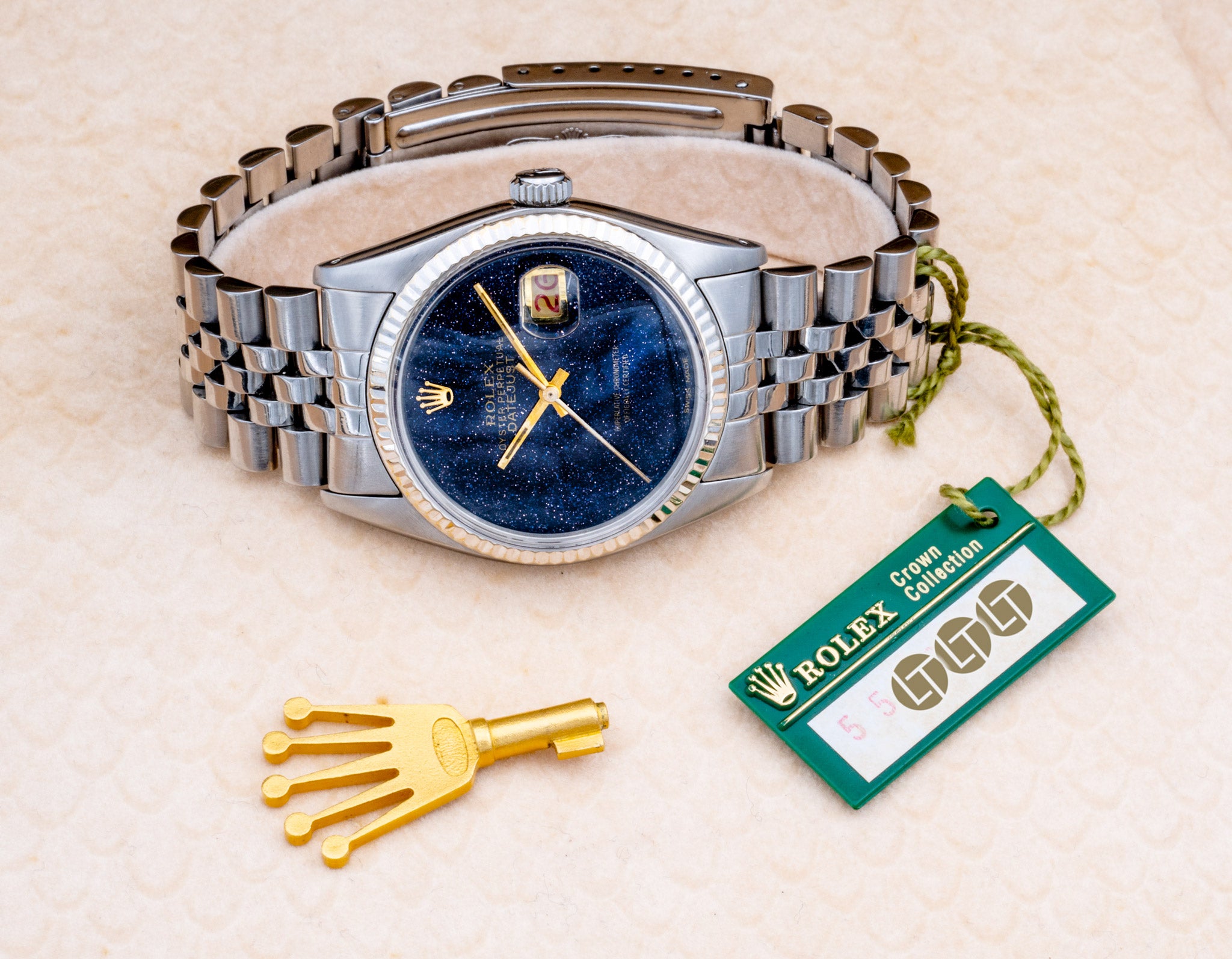 ROLEX | One-of-a-Kind | Crown Collection Datejust Galaxy "Stardust" | SCOC Superlative Chronometer | 18K White Gold | Roulette Date | Gilt Dial | 1970s