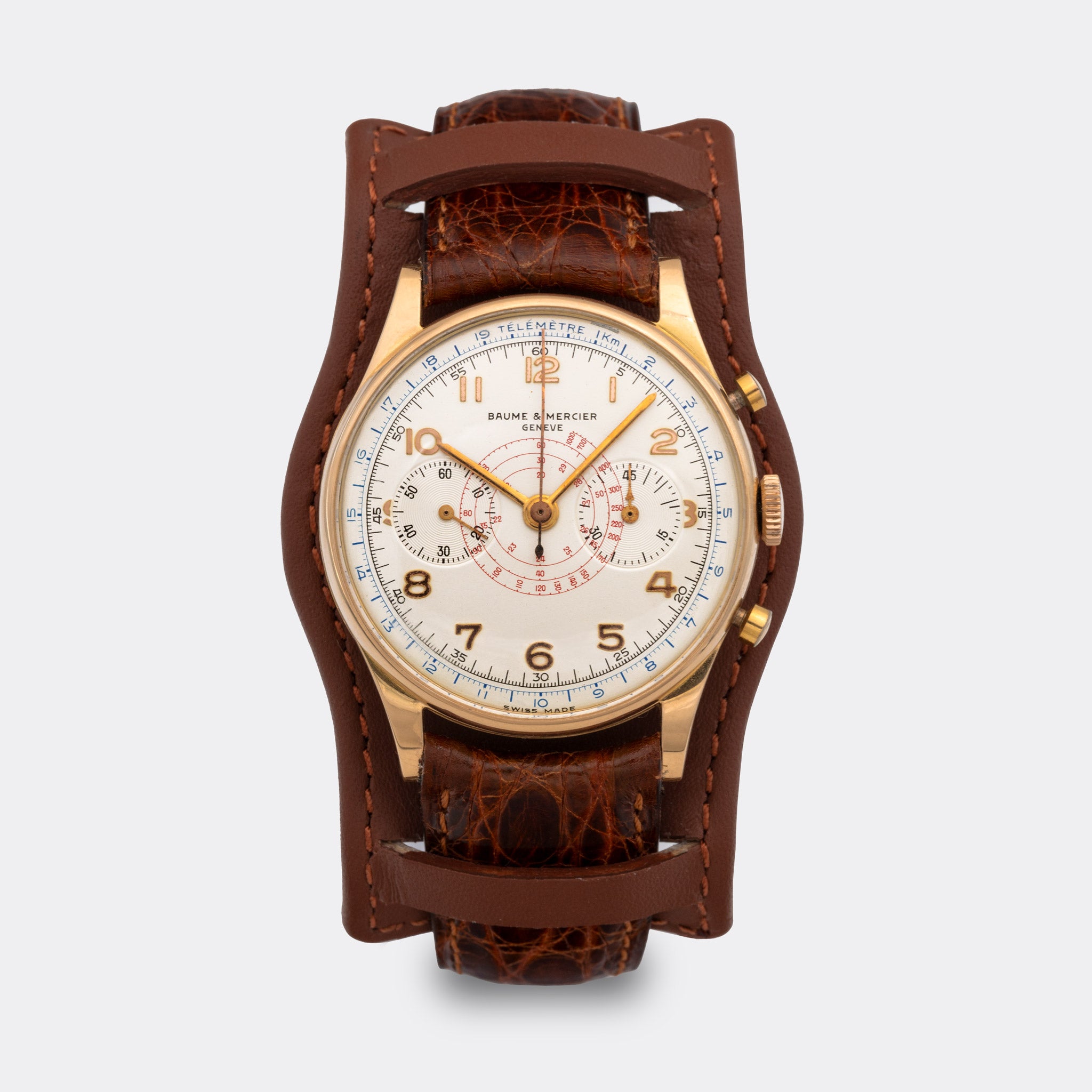 BAUME & MERCIER | Super Jumbo Round Button Chronograph | 18K Solid Red Gold / Rosé | Multifunction Dial | Blue Telemeter & Red Tachymeter | High End Crafted | Ref. 3940 | 1940s