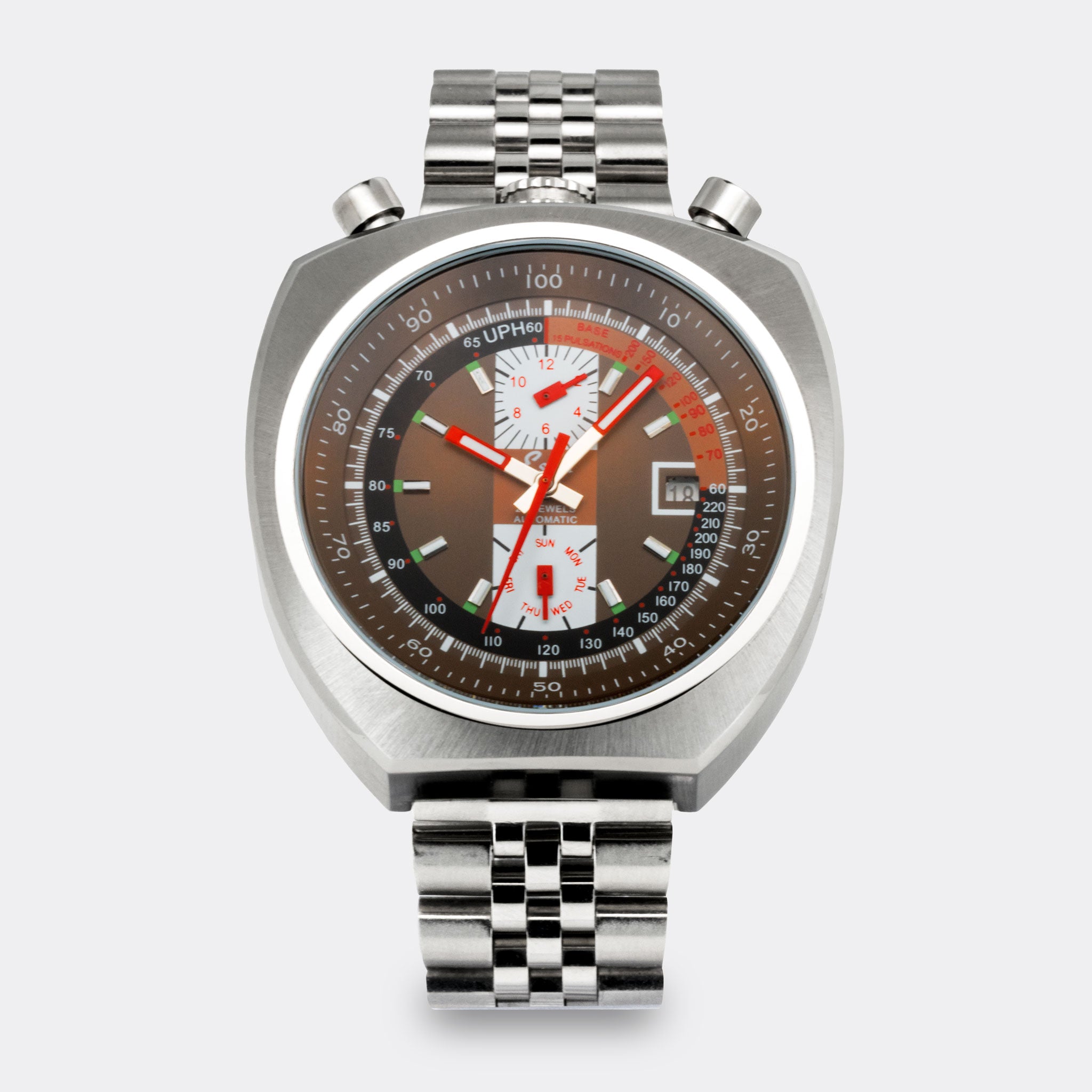 ESKA | Swiss Bullhead Chronograph Original | Super Jumbo "Extra Big" 45mm | Automatic | Double Date Calendar | Tropic Brown Multicolor Dial | Red Hands | NOS | 1950s
