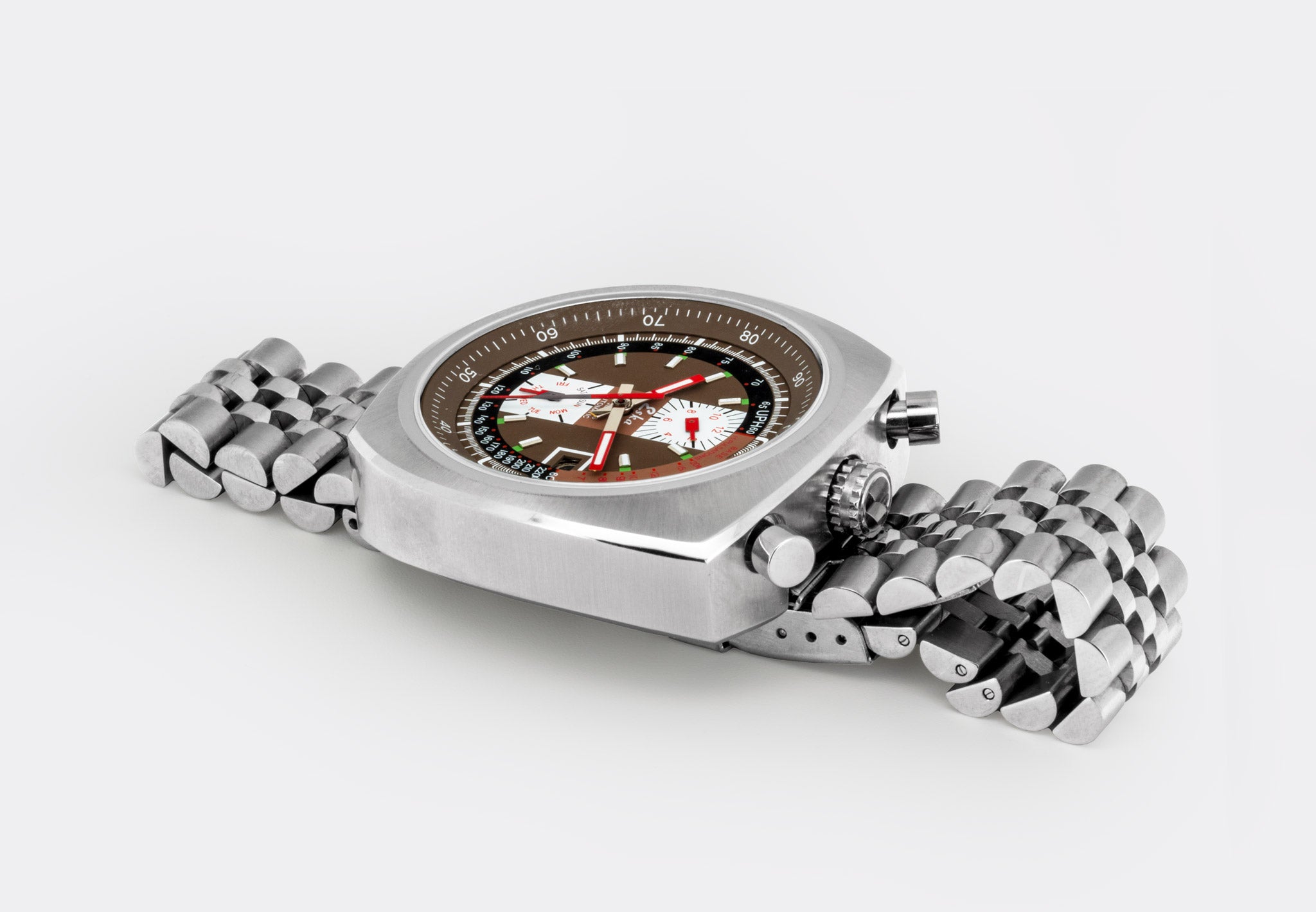ESKA | Swiss Bullhead Chronograph Original | Super Jumbo "Extra Big" 45mm | Automatic | Double Date Calendar | Tropic Brown Multicolor Dial | Red Hands | NOS | 1950s