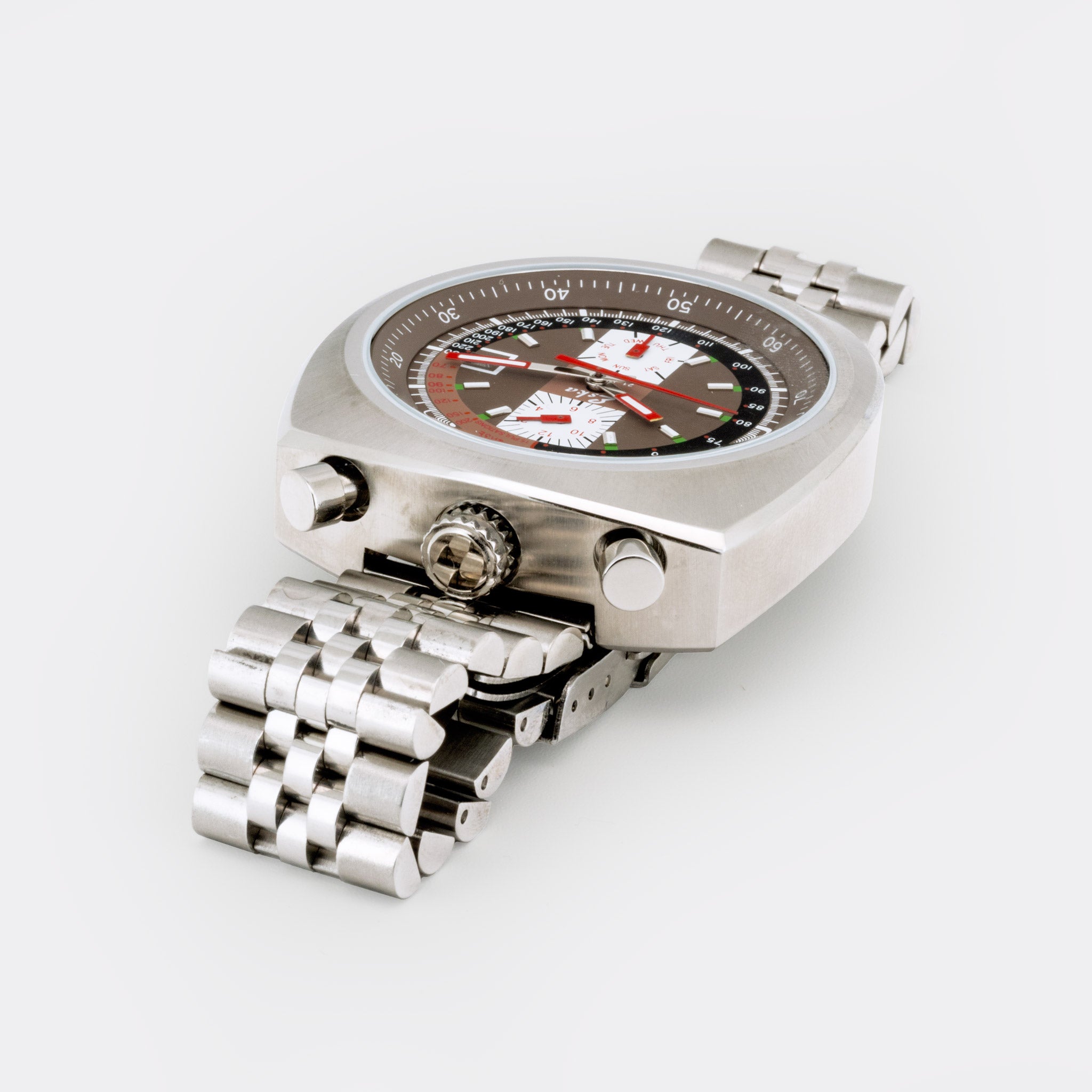 ESKA | Swiss Bullhead Chronograph Original | Super Jumbo "Extra Big" 45mm | Automatic | Double Date Calendar | Tropic Brown Multicolor Dial | Red Hands | NOS | 1950s